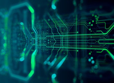 Same circuit-board photo recoloured to Neuwo cyan and green