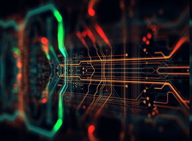 Circuit-board photo with red, orange, and green accents straight from stock